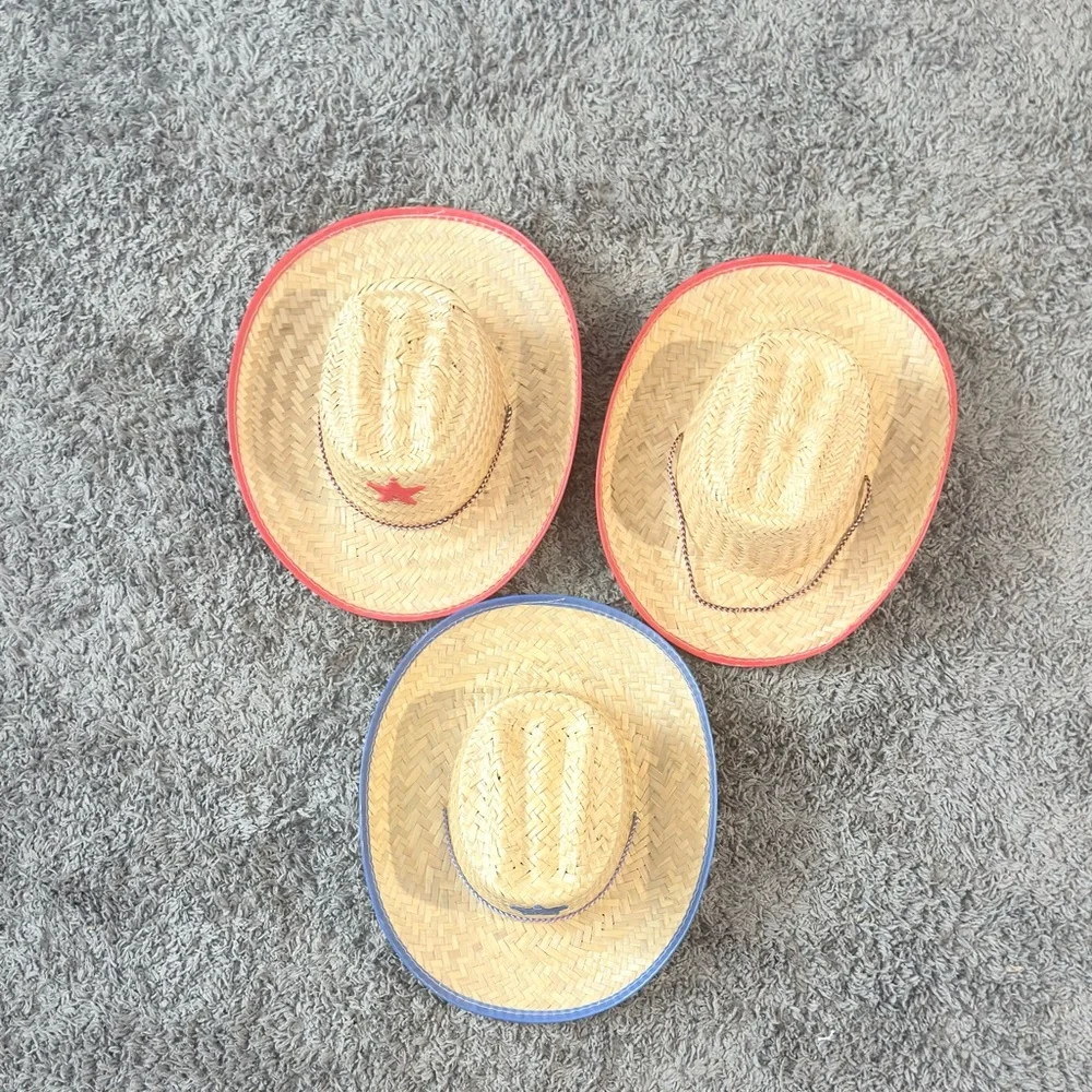 Set of 3 Straw Cowboy Hats for Kids - Sheriff Costume Red and Blue - Picture 3 of 10
